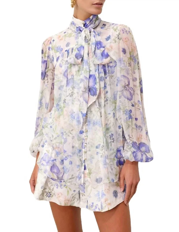 Fashionable Dresses for Women Natura Neck Billow Top In Blue Garden Print