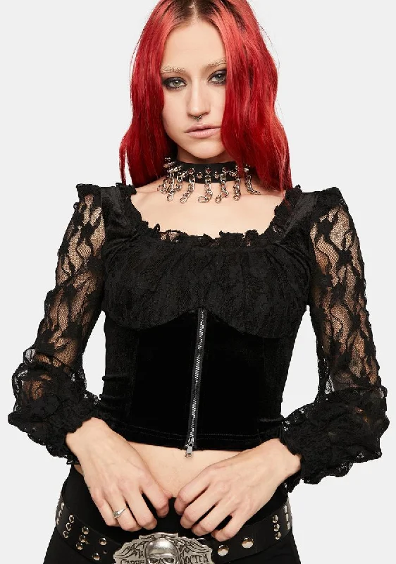 Budget-Friendly Fashion Square Neck Velvet Paneled Lace Top