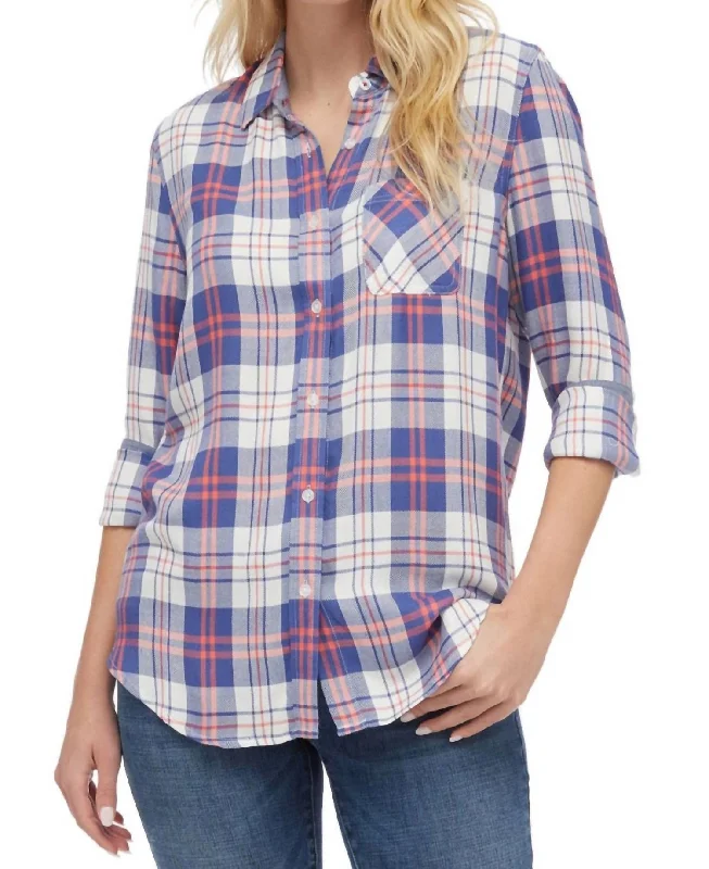 Chic & Cozy Collection Hampton Single Pocked Relaxed Button-Up Shirt In Blue Multi