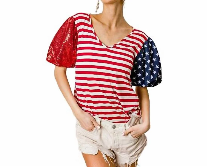 Fashion Essentials American Flag Stars And Stripes Sequin Sleeve Top In Ivory