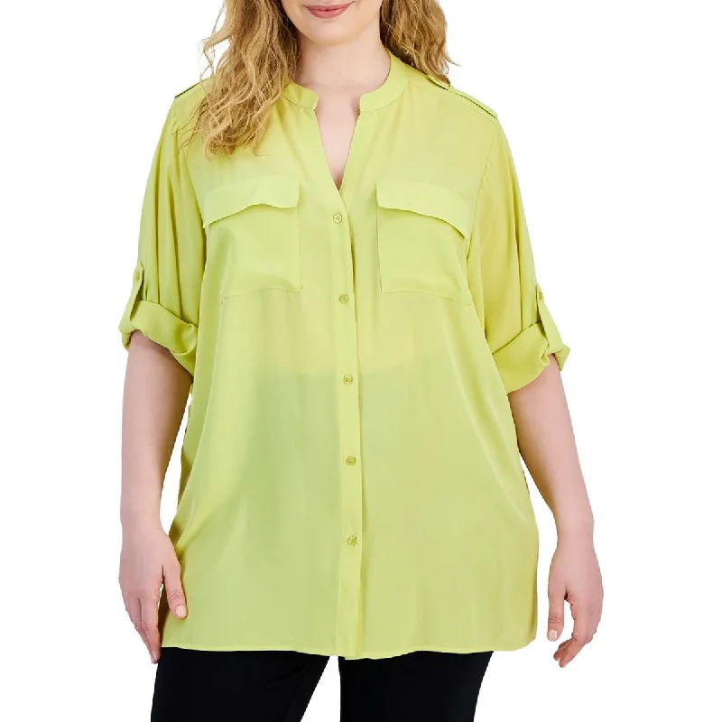 Trendsetting Threads Plus Womens Split Neck Rolled Sleeves Button-Down Top