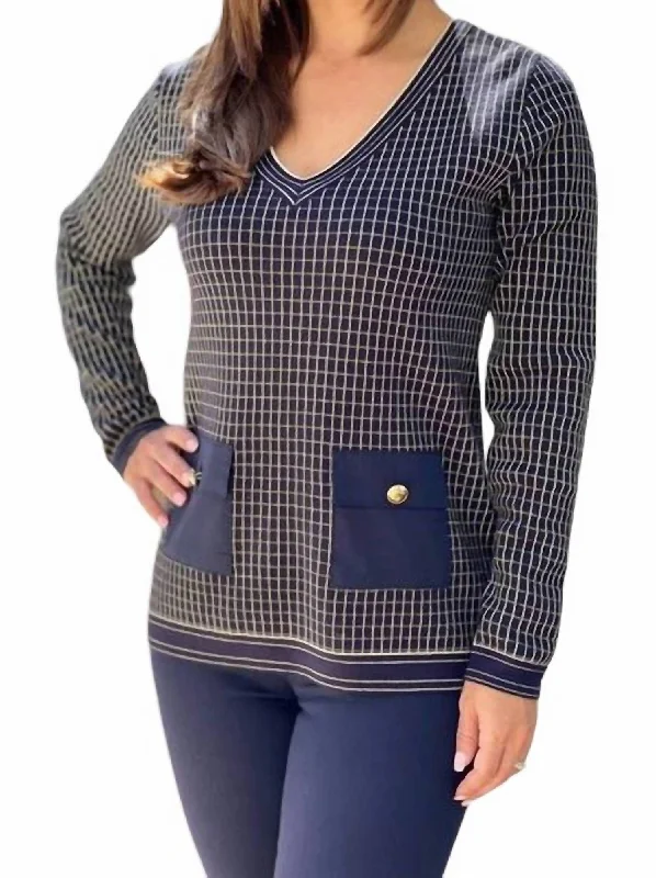 Break Fashion Norms V Neck Box Print Faux Top In Navy Gold