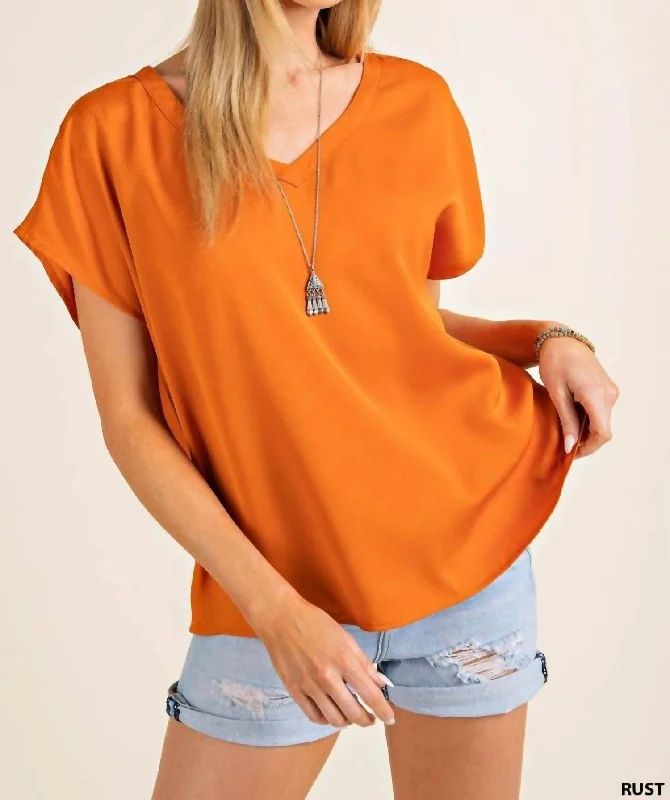 Laid-Back Elegance Dolman Sleeve V Neck Top In Rust