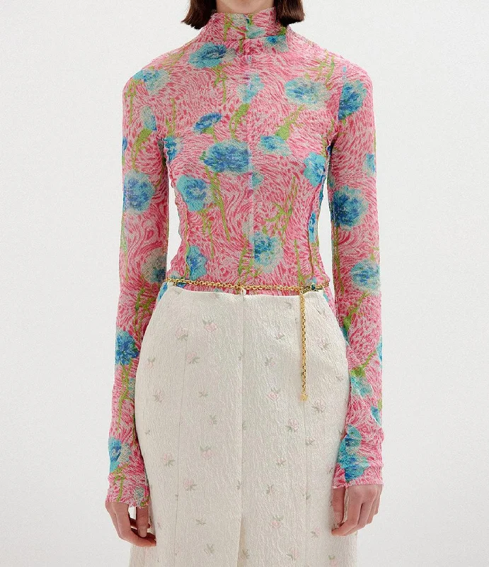 Laid-Back Elegance Sol Floral Print Mockneck Top In Pink Multi