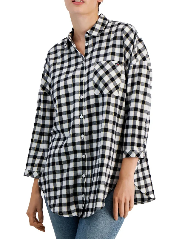 Limited Time Offer Womens Plaid Metallic Button-Down Top