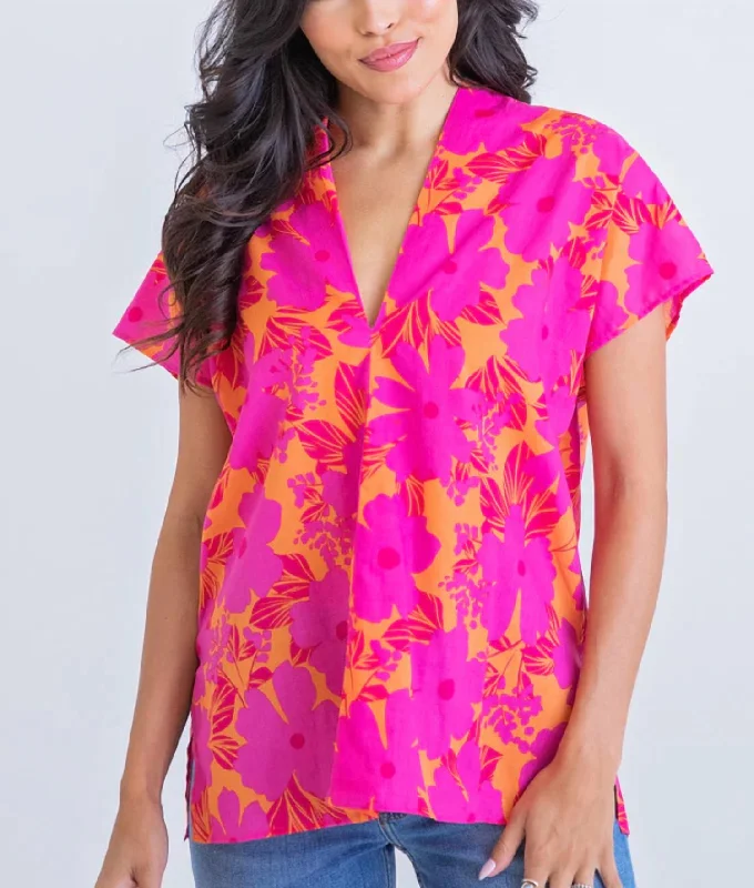 Feminine Dresses for Women in Bold Prints Floral Tropical V-Neck Top In Pink/orange