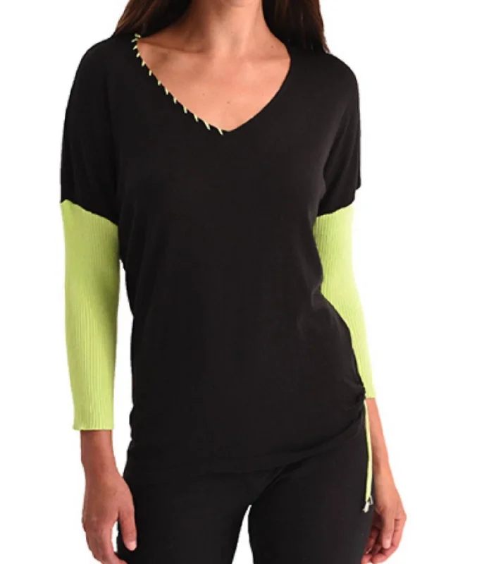 Huge Markdowns Rib Sleeve V-Neck Top In Black/lime