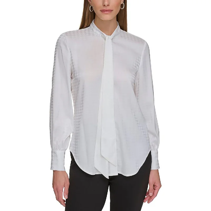 Runway Inspired Wear Petites Womens Tie Neck Bishop Sleeve Button-Down Top