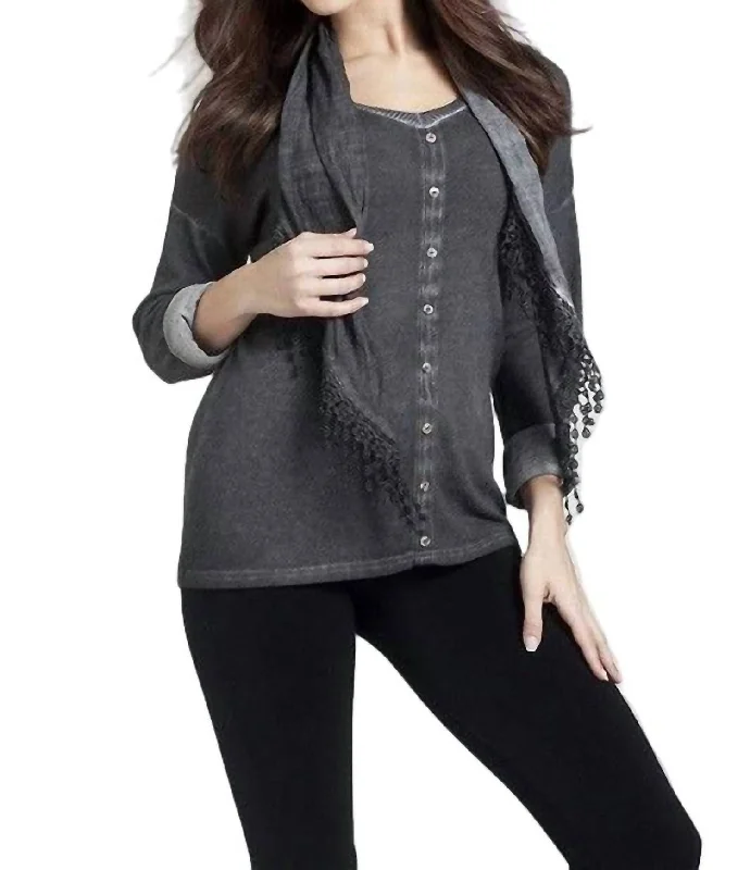 Chic And Edgy Front-To-Back Top W/ Scarf In Gray