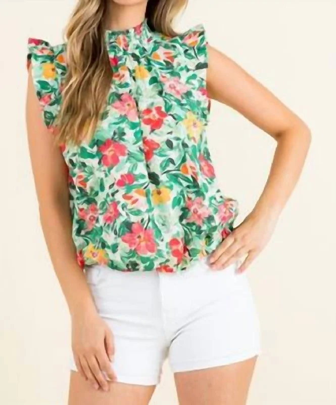 Comfortable Clothes Smocked Neck Floral Print Top In Multi