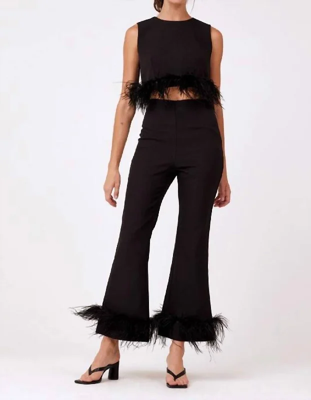 Classic Women's Clothing Styles Feather Trim Top In Black