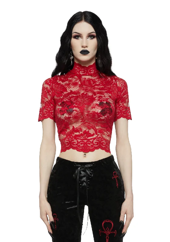 Women Apparel Ominous Trance Lace Top - Red