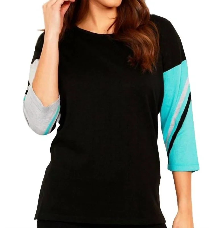 Massive Savings Stripe Sleeve Scoop Neck Top In Black