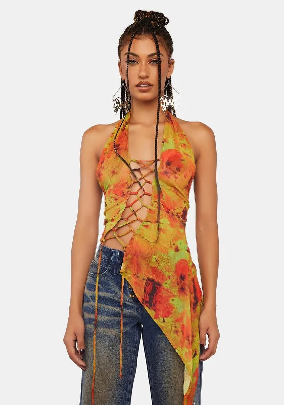 Online Boutique Stores Loco Print Halter Lace Up Top