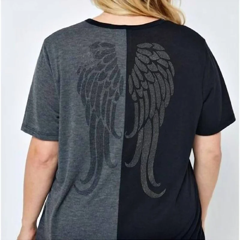 Limited Time Deal Color Block Plus Top With Rhinestone Angel Wings On Back In Black, Grey