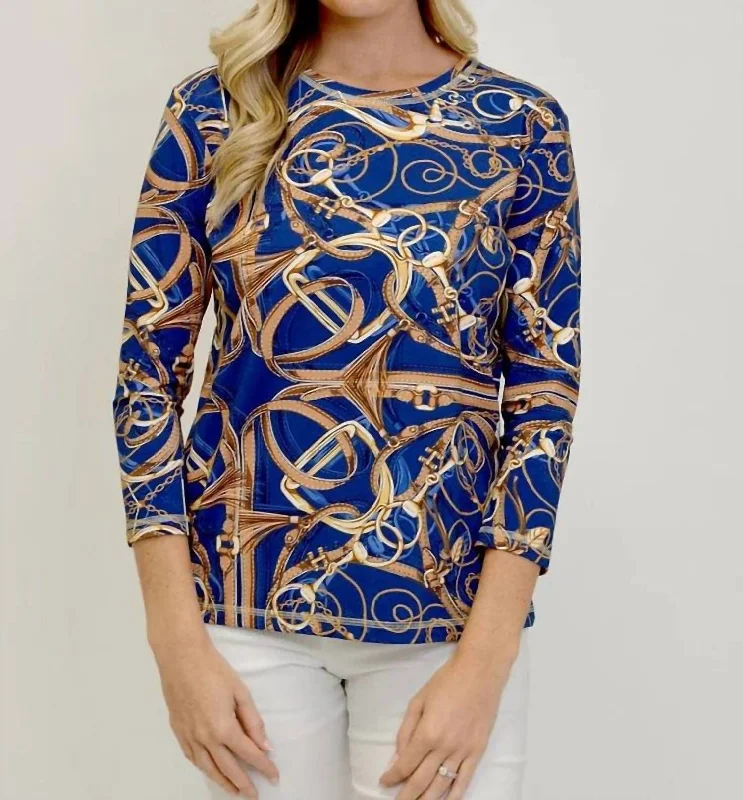 Top 10 Women's Online Clothing Stores 3/4 Sleeve Equestrian Print Shirt In Navy