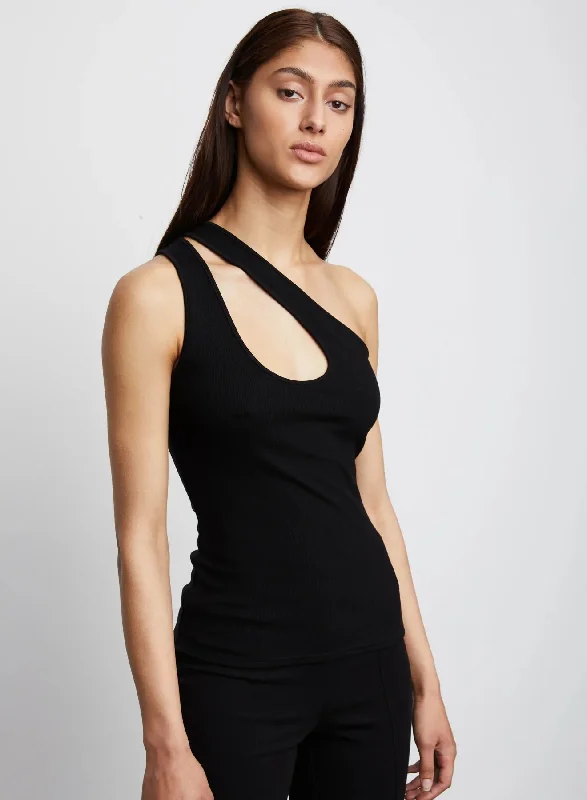 Glamorous Evening Wear Ian Asymmetrical Ribbed Keyhole Top in Black