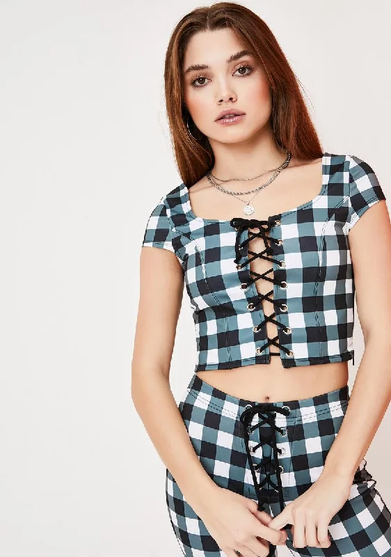 Explore What's New Remember This Forever Gingham Lace Up Top