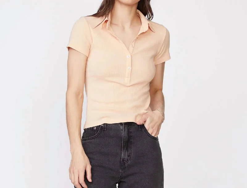 Dive Into Trendy Women's Fashion Rib Polo Henley Shirt In Desert Mist