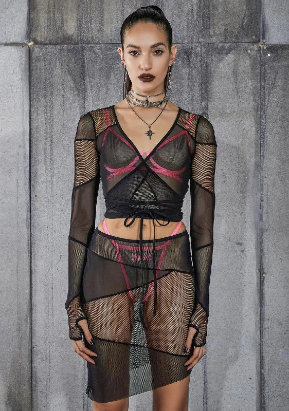 Seasonal Clearance Snare Fishnet And Mesh Patchwork Wrap Top