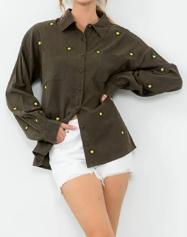 Summer Sale Embroidered Stars Top In Olive