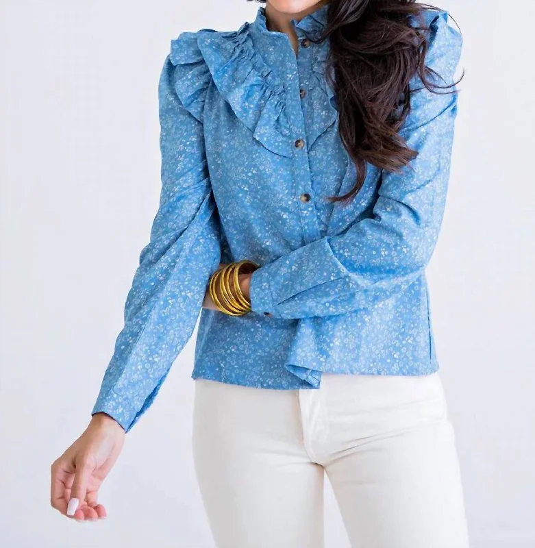 Women's Clothing for All Occasions Floral Ruffle Top In Chambray