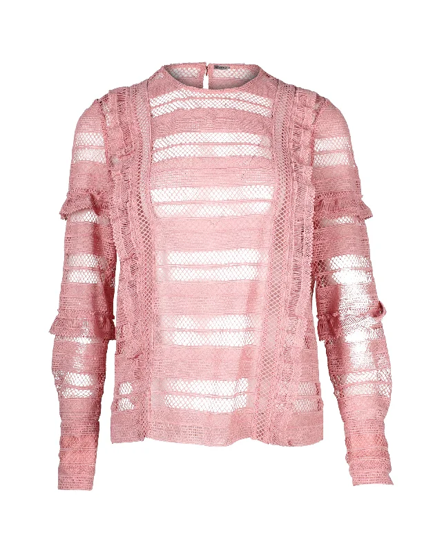 Elegant Fashion Self-Portrait Ruffle Stripe and Grid Lace Top in Pink Polyester