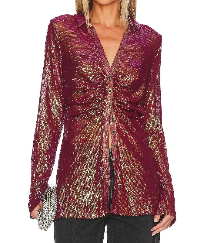 Versatile Wardrobe Essentials Sequin Shirtee Top In Dark Rhubarb