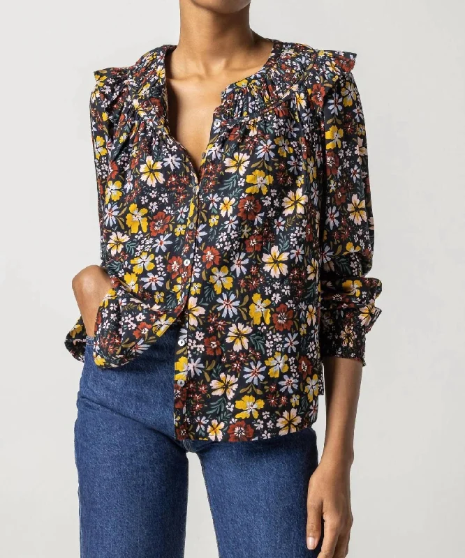 Style Your Wardrobe Smocked Cuff Top In Black Floral