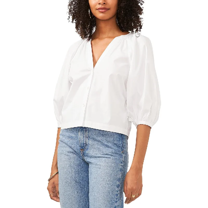 Must-Have Styles Womens Ruched Elbow Sleeve Button-Down Top