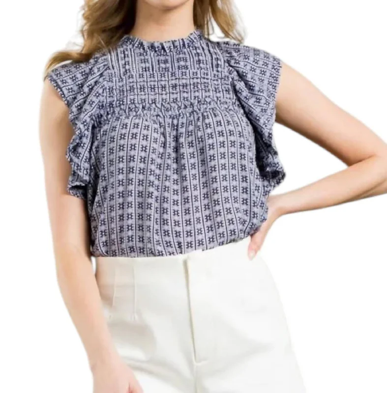 Women's Seasonal Fashion Trends Flutter Sleeve Print Top In Navy/white