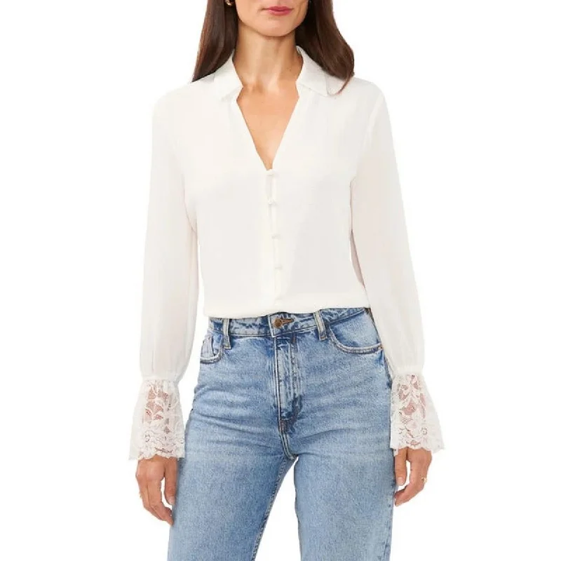 Casual Fashion Womens Lace Trim Collared Button-Down Top