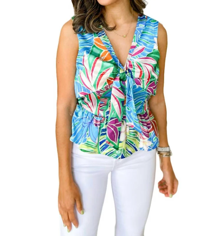 Casual Chic Maui Knot Front Top In Blue/green Multi