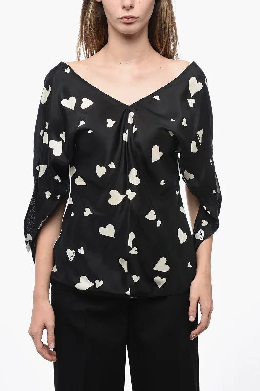 Elegant Styles Marni V-Neck Heart-Printed Silk Blosue