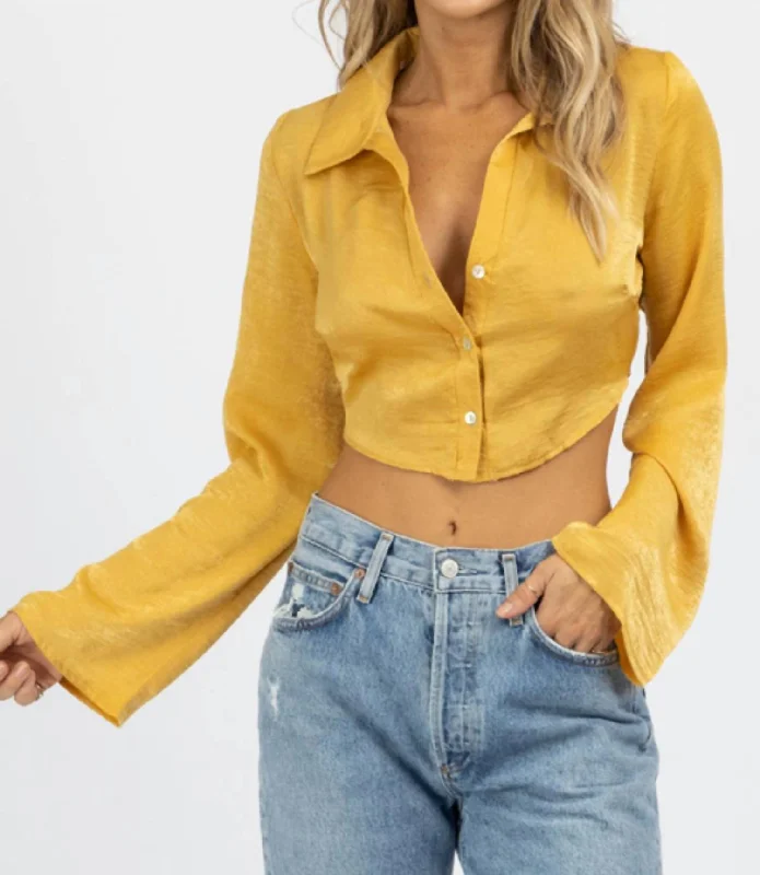 Chic & Cozy Apparel Satin Open Back Collared Crop In Mustard