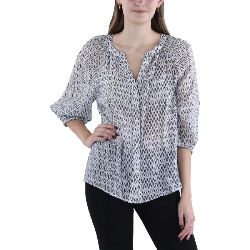 Flash Sale Event Womens Printed Puff Sleeve Button-Down Top