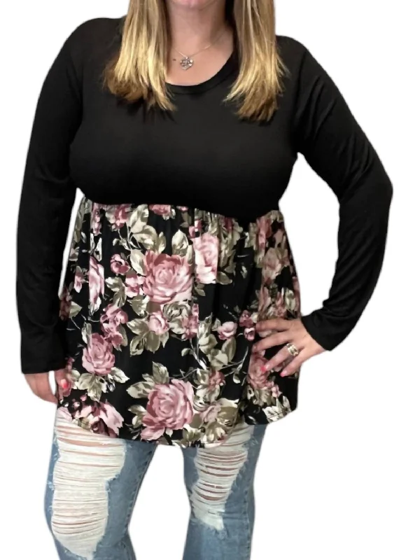 Women Wear Boutique Rose Floral Babydoll Top In Black