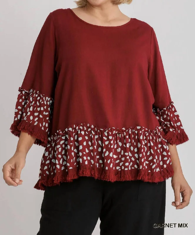 Outfits Ideas Linen Blend Animal Print Bell Sleeve Top In Garnet