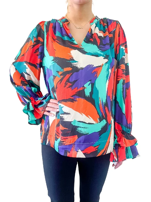 Trendy Street Style Clothing Spice Stroke Ruffle Sleeves Top In Orange/purple/teal/navy