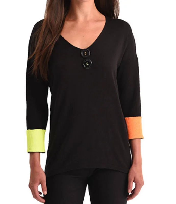 Trendy Street Style Attire Neon Cuff V-Neck Top In Black Multi