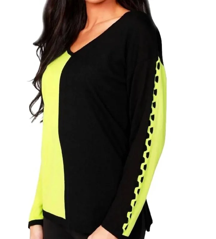 Women's Seasonal Fashion Trends Color Block V-Neck With Detail Sleeve In Black/kiwi