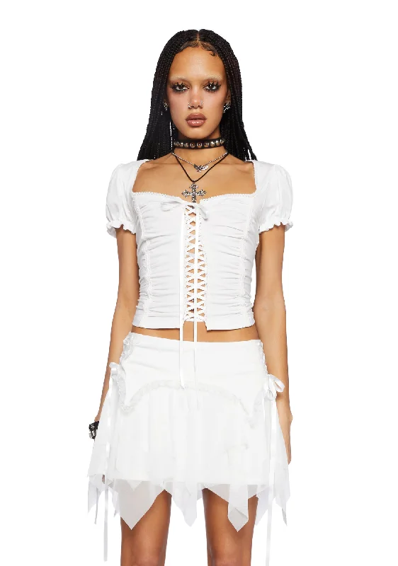 Seasonal Fashion Soft Girl Era Lace Up Top- White