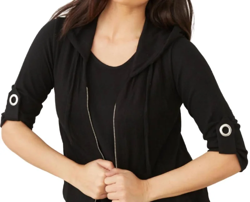 Unique Women's Fashion Pieces Soft Stretch Roll Sleeve Top In Black