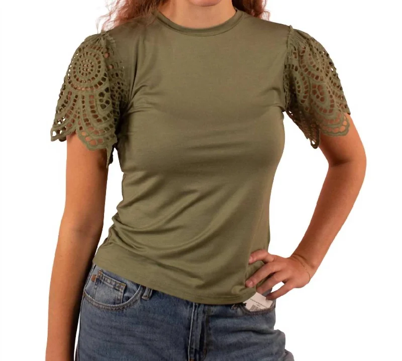 VIP Member Discount Demi Crochet Sleeve Top In Green