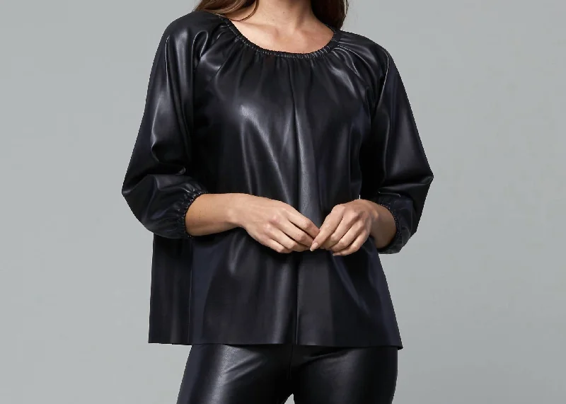 Stylish Basics Blakely Faux Leather Puff Sleeve Top In Black