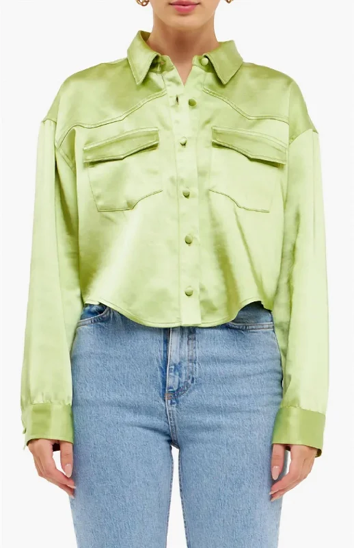 Pastel Styles Satin Crop Button Up Top In Light Green