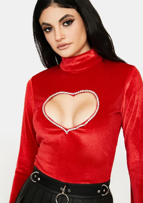 Versatile Style Wardrobe Diamante Heart Cut-Out Velvet Top