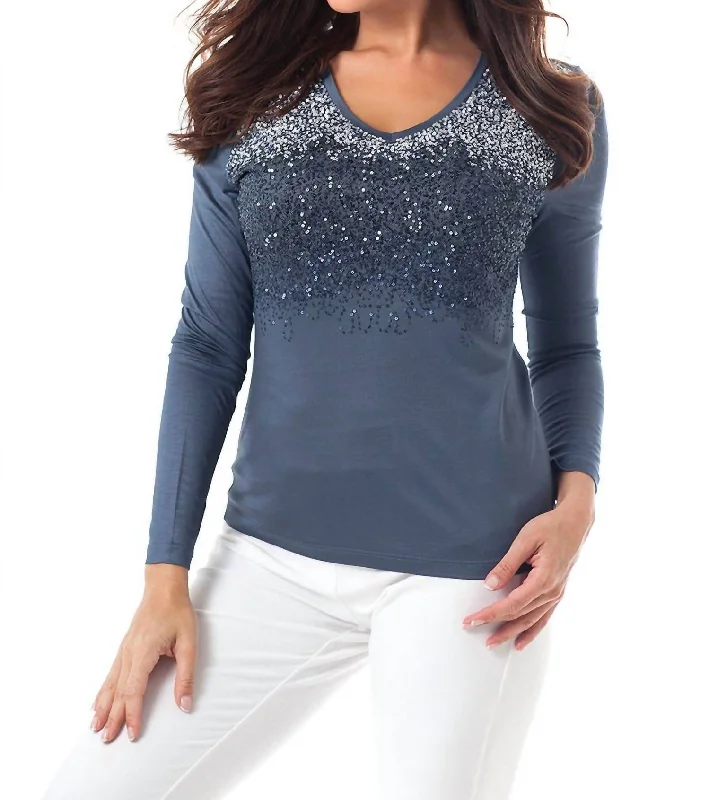 Chic Style, Always In Vogue Ombre Sparkle V-Neck Top In Blue Multi