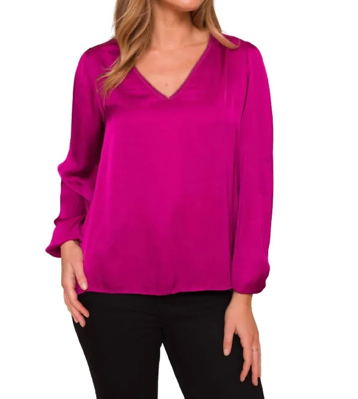 Unique Women's Fashion Pieces Rita Satin V-Neck Top In Pink