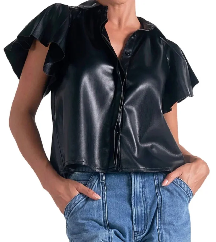 Stupidly Low Prices Faux Leather Flutter Sleeve Top In Black